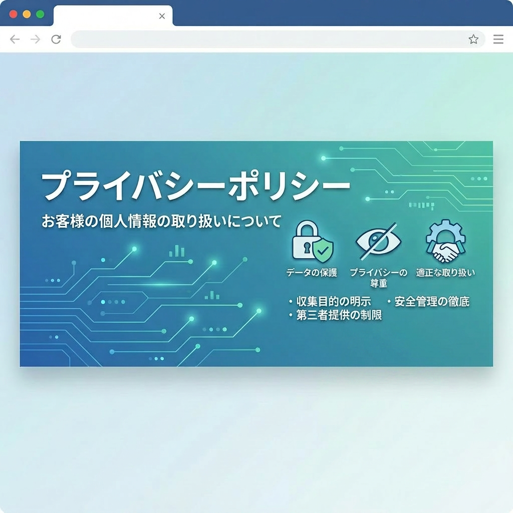 Japanese privacy policy details with icons for data protection, privacy respect, and proper handling
